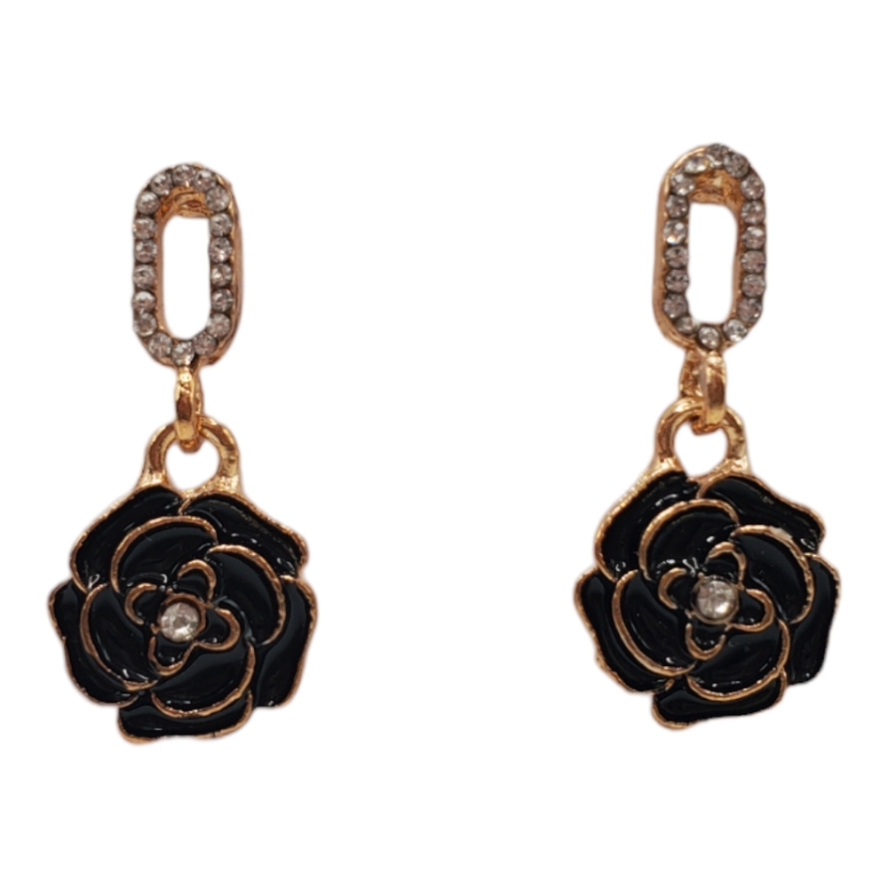 Black and gold Camellia Flower Drop earrings with rhinestones
